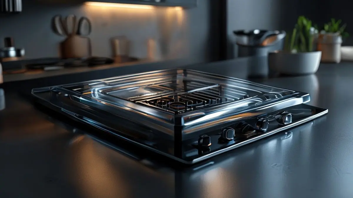 Fotografia profissional de cooktop de vidro com detalhes do sistema de ignição para ilustrar problemas de acendedor disparado