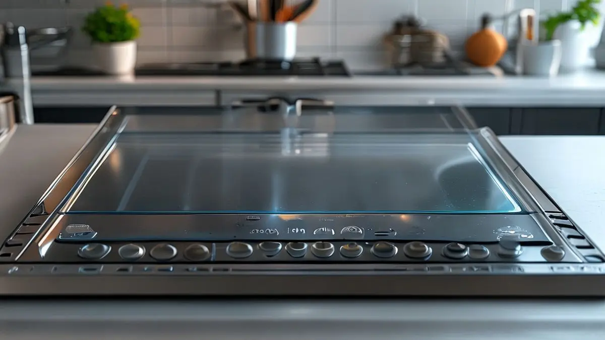 Cooktop de vidro temperado em cozinha moderna destacando segurança e design, mostrando detalhes de superfície e estrutura.