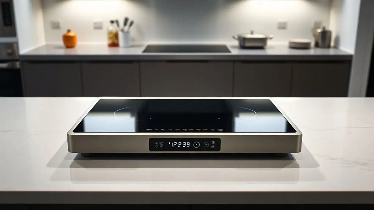 Cooktop de indução moderno sobre bancada de cozinha, com superfície preta e painel de controle digital