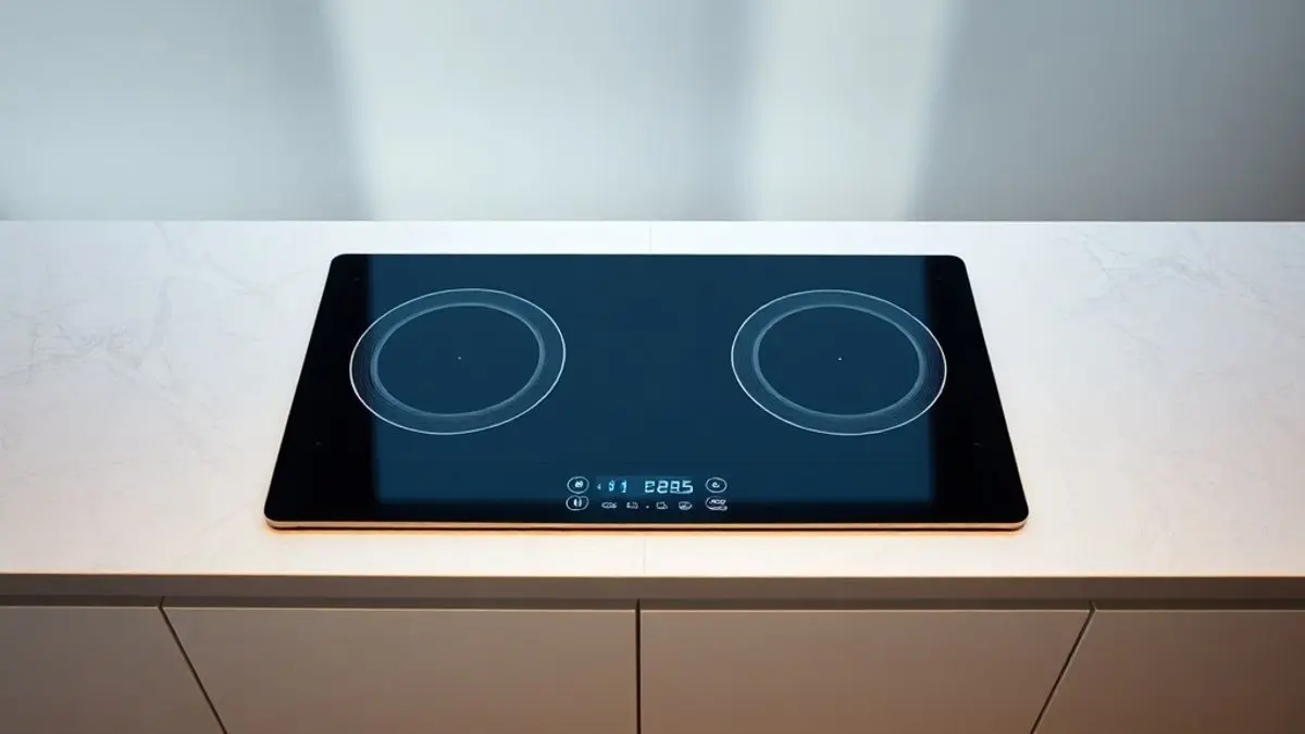 Cooktop de indução duas bocas com painel touch screen sobre bancada de cozinha moderna