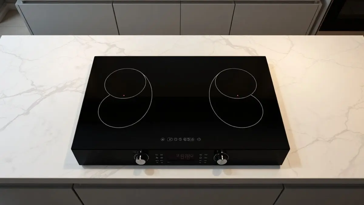 Cooktop de indução moderno em cozinha profissional, completamente sem marca, destacando tecnologia avançada e design elegante