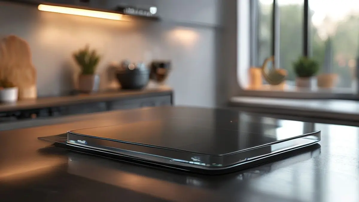 Cooktop de indução moderno com superfície de vidro em bancada de cozinha, iluminado suavemente e sem marcas visíveis.