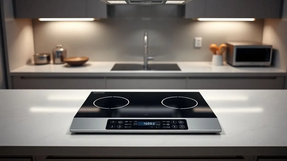 Cooktop de indução moderno em cozinha contemporânea com superfície de vidro e painel de controle digital