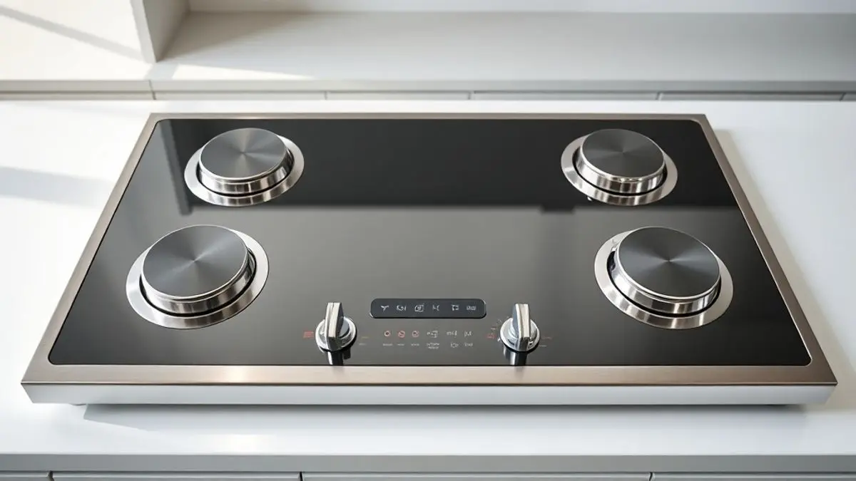 Cooktop de vidro temperado em aço inoxidável sobre bancada de cozinha moderna, com quatro bocas e iluminação profissional