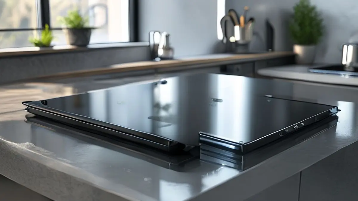 Comparativo visual entre cooktop vitrocerâmico e de indução em superfície de vidro em cozinha moderna.