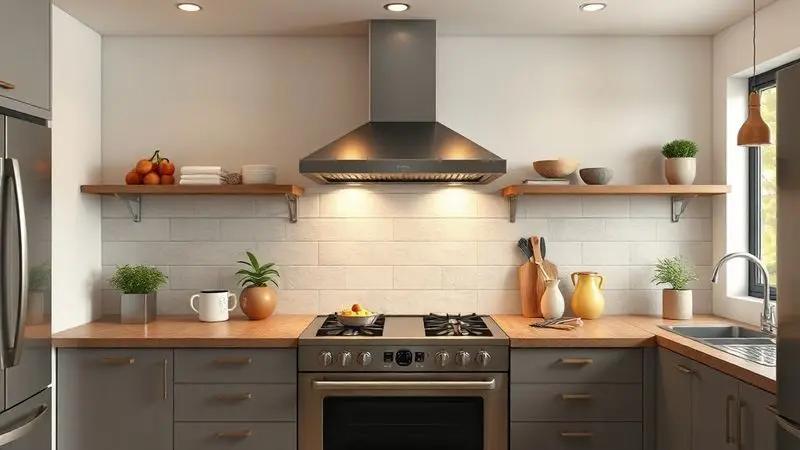 Cena conceitual de cozinha brasileira moderna com fogão 4 bocas como elemento central