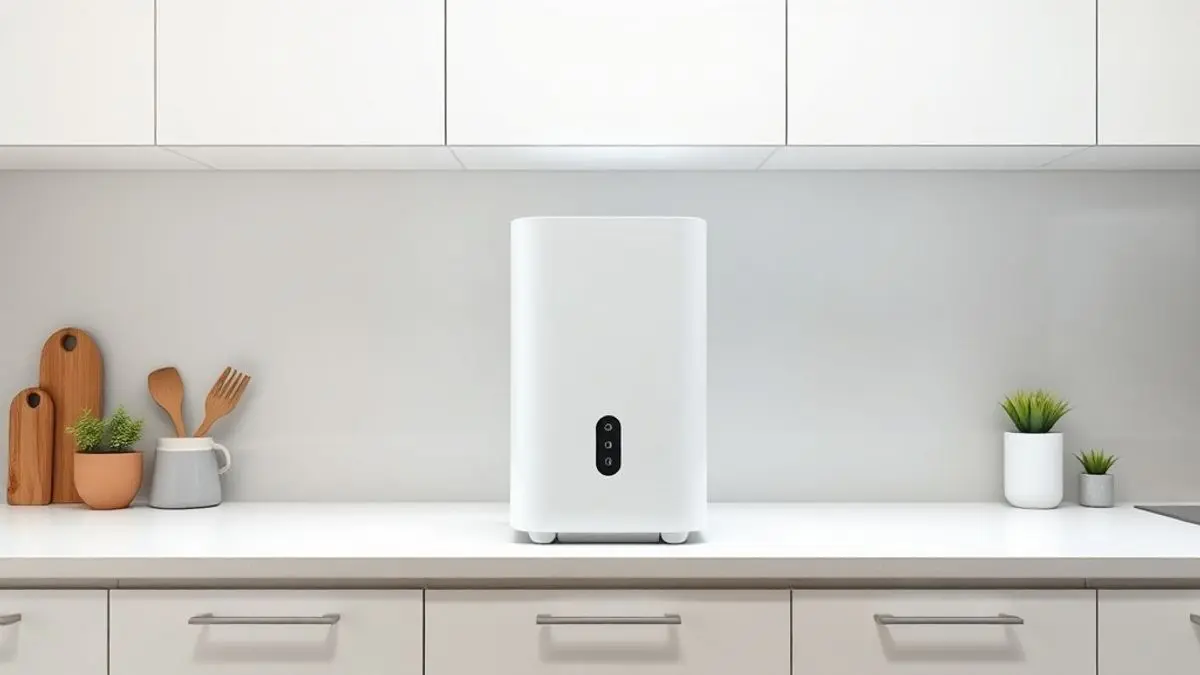 Depurador de ar moderno em cozinha com design limpo e iluminação profissional