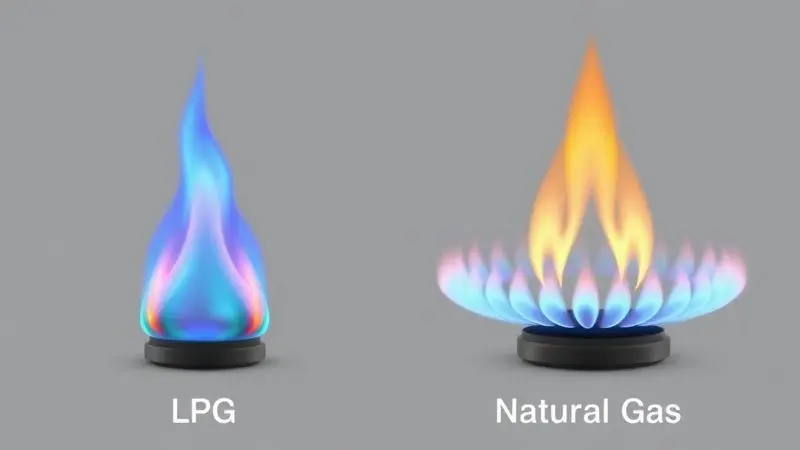 Representação visual comparativa das chamas e poder calorífico do GLP e gás natural