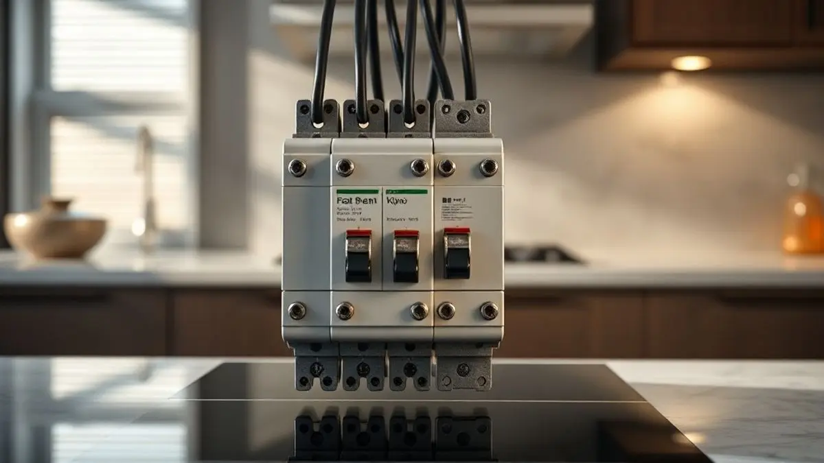 Painel de disjuntores com um cooktop de indução ao fundo em cozinha moderna, ilustrando instalação elétrica segura.