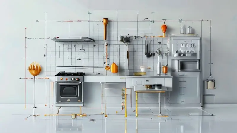 Ilustração técnica mostrando distância segura recomendada entre fogão e geladeira na cozinha