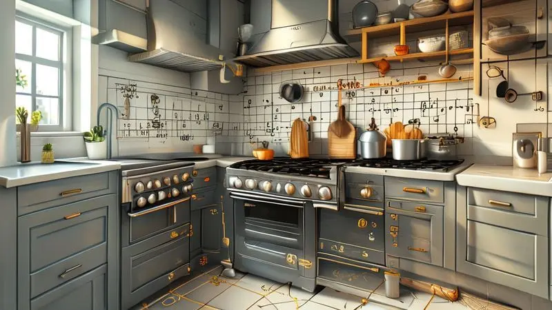 Conceito visual ilustrativo mostrando distâncias de segurança e requisitos de ventilação para instalação de fogão de embutir.
