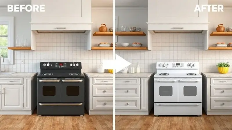 Ilustração conceitual do processo de envelopamento de fogão mostrando transformação da cozinha