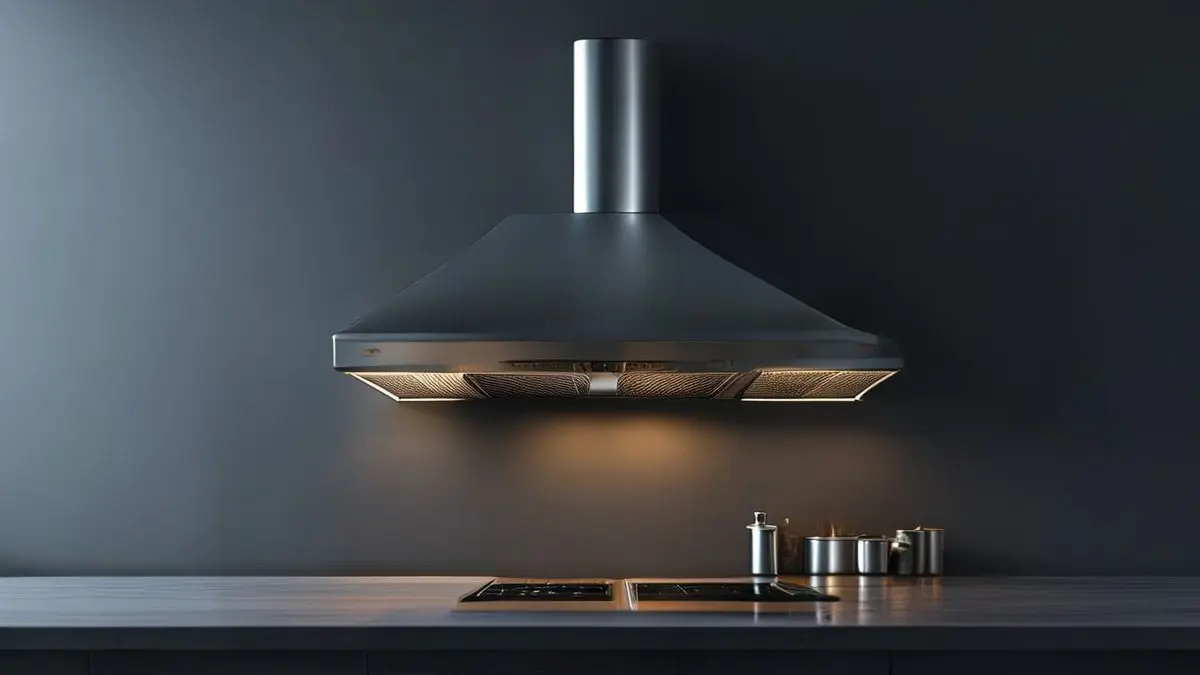 Exaustor de cozinha moderno em destaque com iluminação profissional, destacando texturas metálicas e design elegante para cozinha