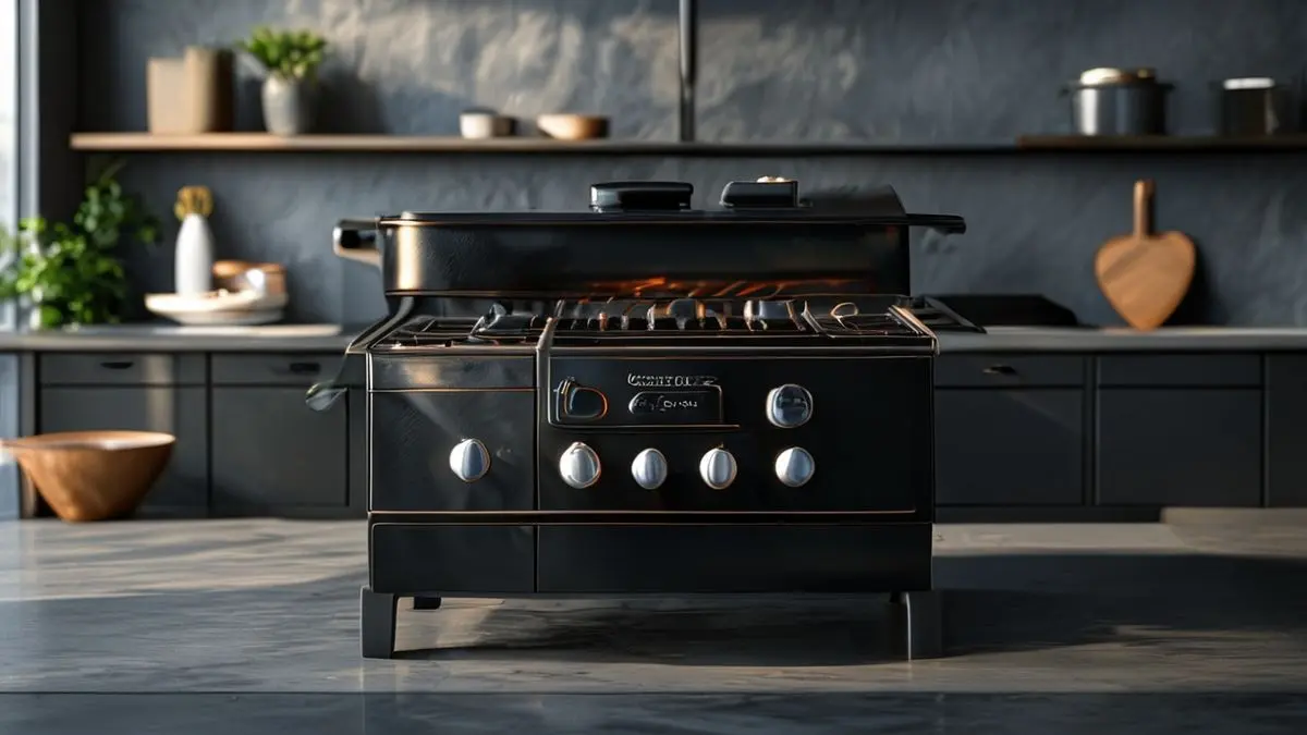 Fogão de 5 bocas com grill e frente em vidro preto, em fotografia profissional de estúdio com iluminação suave.