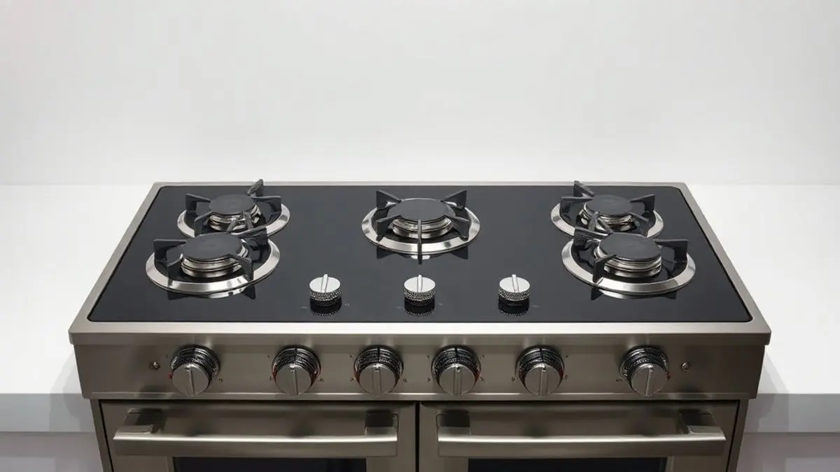 Fogão de cozinha com 5 bocas em fotografia profissional, mostrando detalhes do vidro temperado e queimadores de inox.