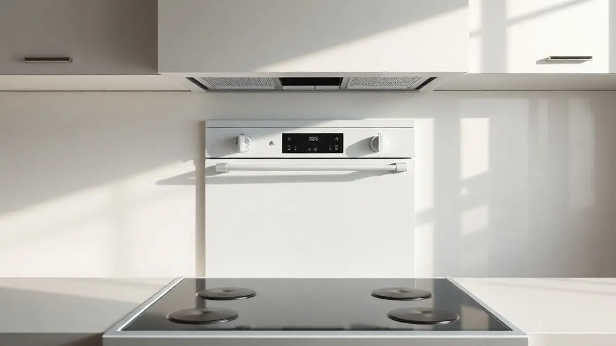 Fogão e forno limpos e sem marcas em cozinha moderna, com iluminação profissional que destaca a limpeza perfeita dos eletrodomésticos