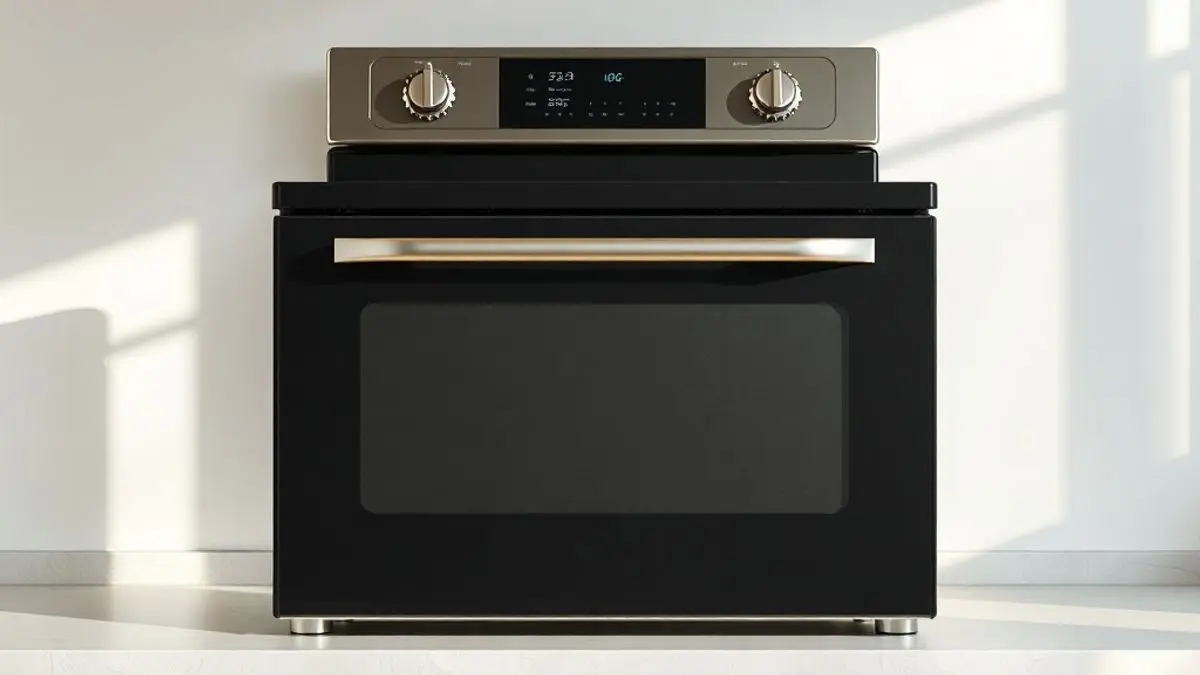 Fogão elétrico moderno de vidro em cozinha com iluminação profissional destacando superfície e detalhes cromados