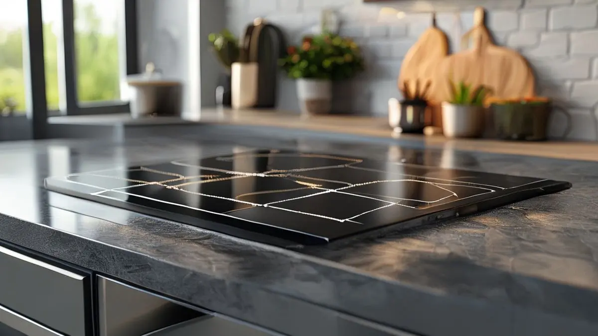 Fogão elétrico moderno com tampo de vidro cerâmico em cozinha, mostrando superfície de aquecimento limpa e design minimalista
