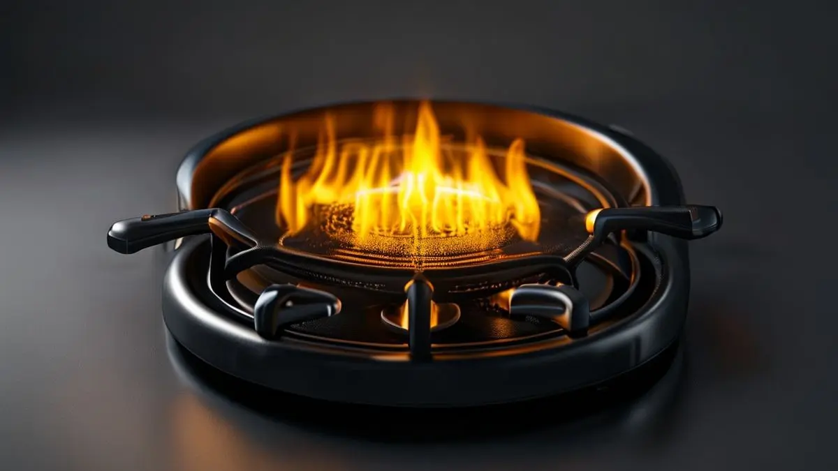 Fogão de cozinha com queimador entupido mostrando chama amarela, ilustrando problema de entupimento para limpeza