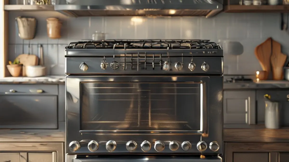 Fogão e forno de cozinha totalmente limpos, sem gordura ou manchas, com superfícies brilhantes e iluminação profissional
