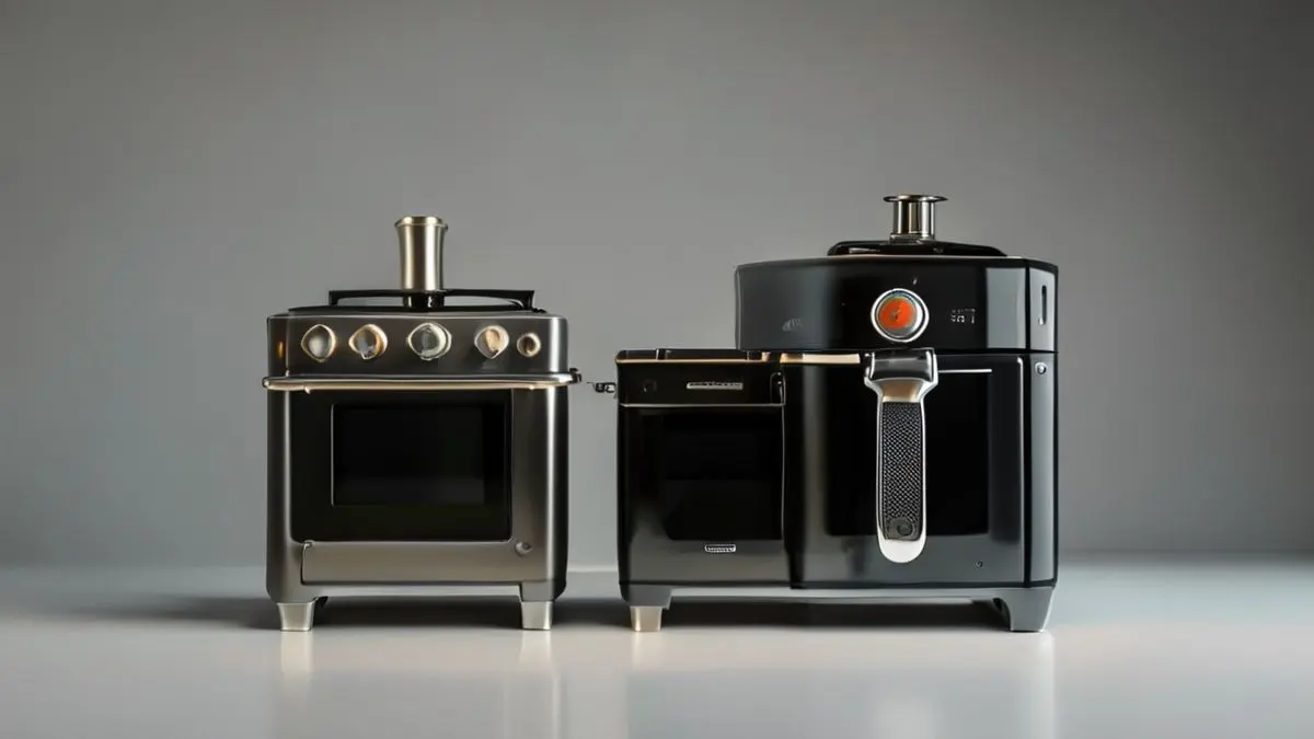 Comparação visual entre fogão a gás e air fryer para análise de economia energética na cozinha