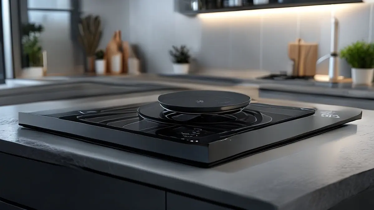 Fogão de indução instalado corretamente em bancada de cozinha moderna com superfície de vidro e painel de controle visível
