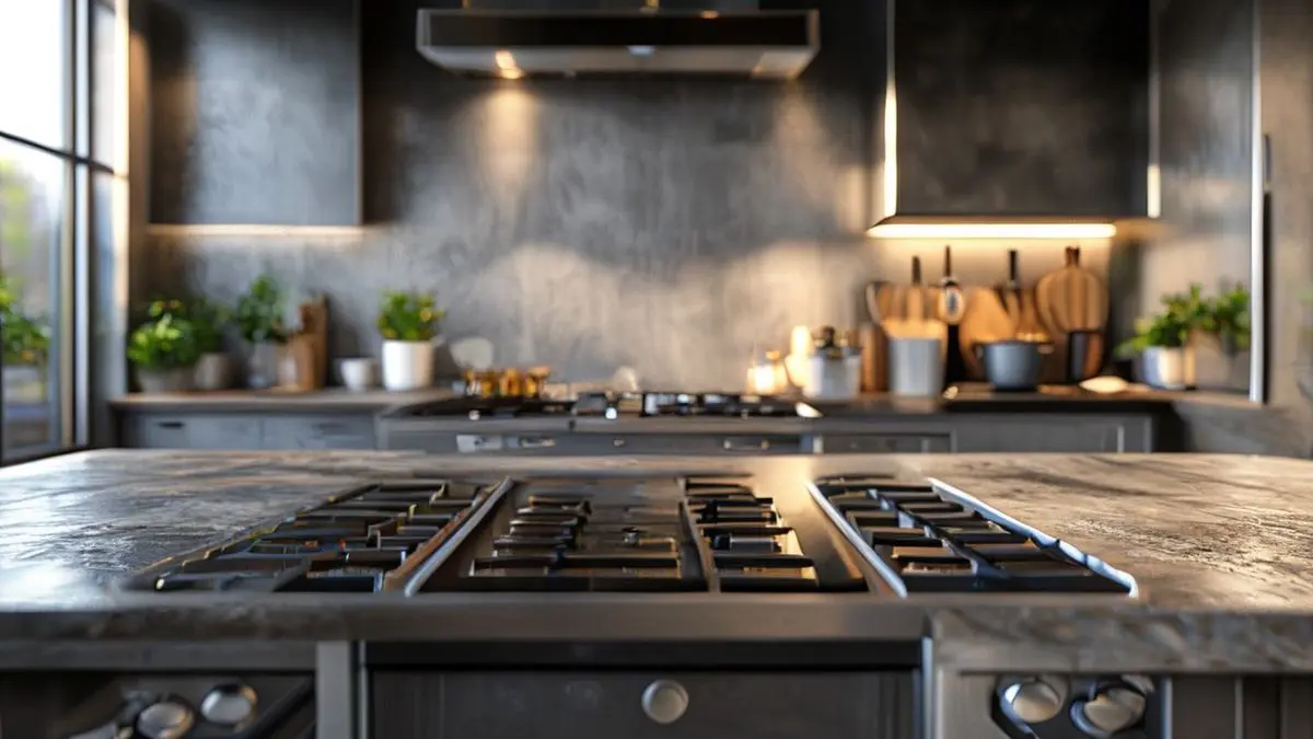 Comparativo entre fogão de indução e fogão a gás em cozinha moderna, destacando tecnologia e design