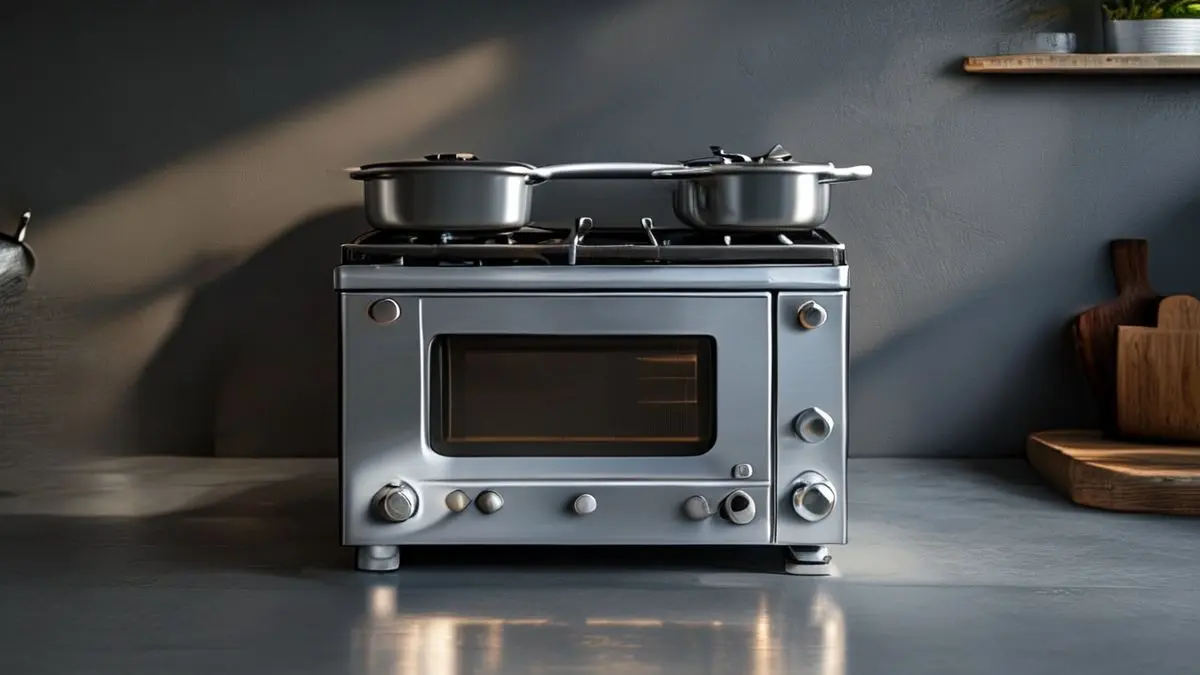 Fogão industrial profissional em aço inox, com iluminação de estúdio realçando detalhes e texturas, equipamento essencial para cozinhas profissionais