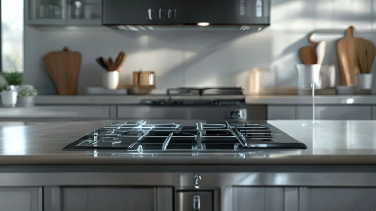 Fogão com mesa de vidro limpo e brilhante em cozinha moderna, mostrando superfície espelhada e iluminação profissional.