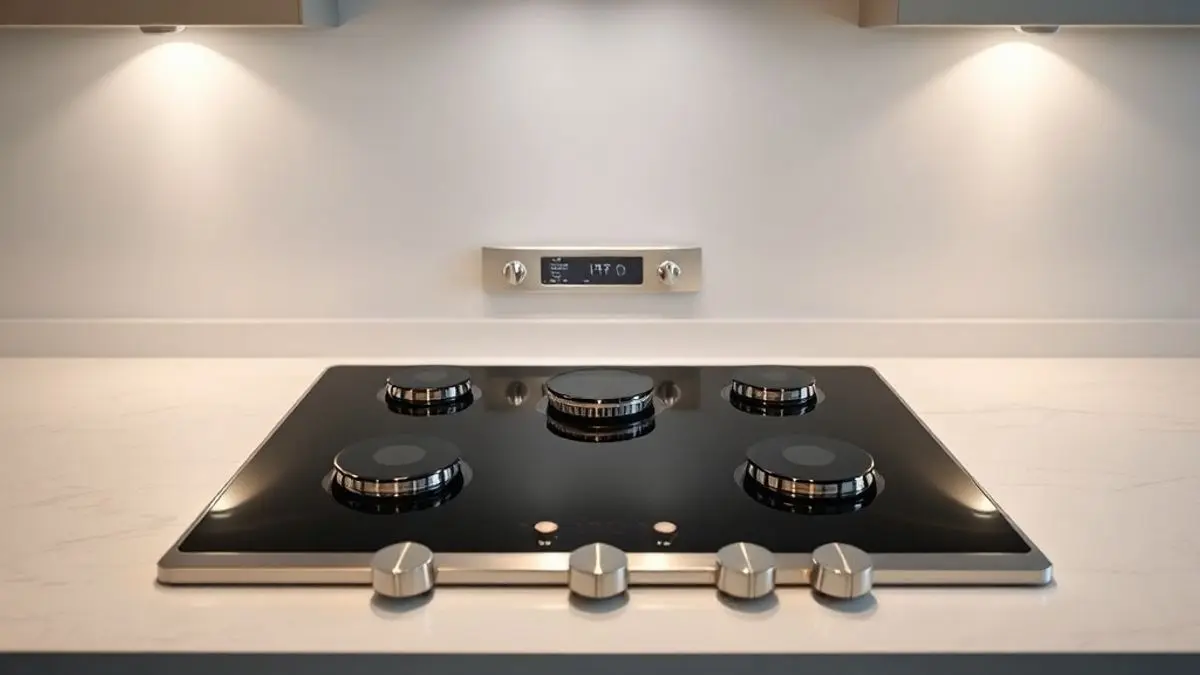 Fotografia de um fogão moderno com mesa de vidro temperado em cozinha contemporânea, iluminação profissional destacando texturas