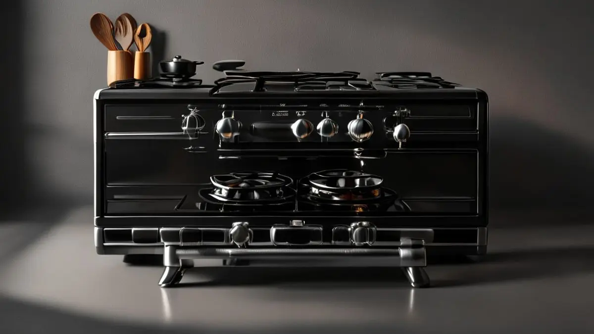Fogão moderno de cozinha com quatro bocas e forno, fotografia profissional em estúdio com iluminação que destaca detalhes e texturas