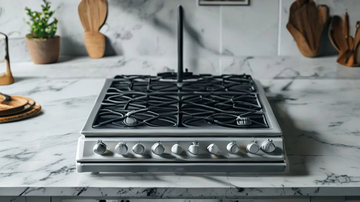Fogão moderno de cozinha sem marca com quatro bocas e mesa de vidro, em composição minimalista sobre bancada de mármore
