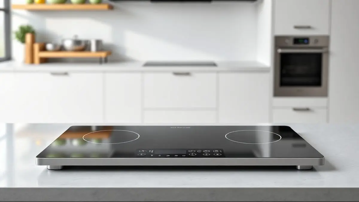 Fogão por indução moderno em cozinha contemporânea com superfície de vidro e controle digital, mostrando design minimalista e tecnologia eficiente
