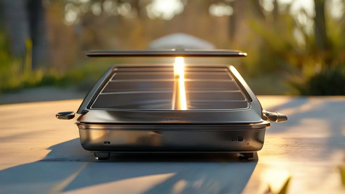 Fogão solar de alta qualidade em ambiente externo ensolarado, mostrando superfície refletora e câmara de cozimento