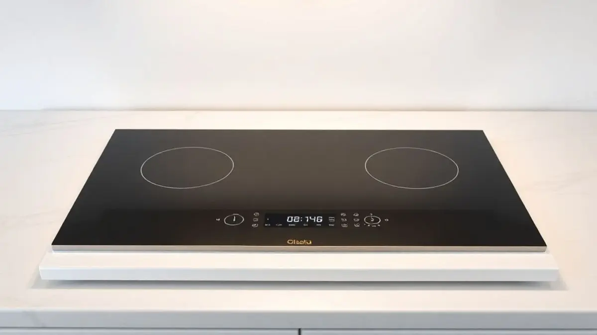 Fogareiro elétrico moderno sobre bancada de mármore em fotografia de produto profissional