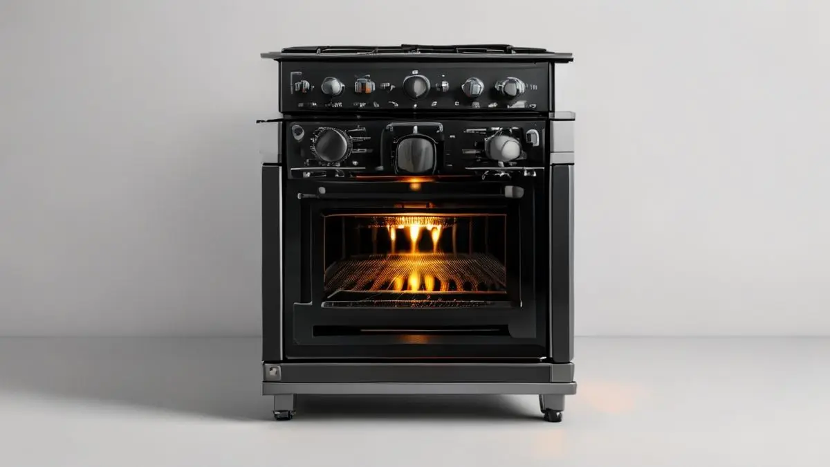 Forno de fogão com problema de ignição em primeiro plano, mostrando componentes internos e botões de controle em detalhe