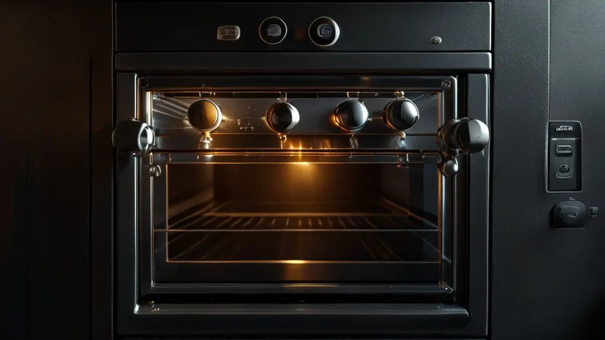 Forno a gás fechado com painel de controle e botões, em fundo neutro para artigo sobre solução de problemas