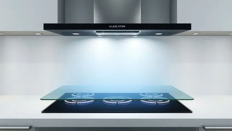 Diagrama ilustrativo do funcionamento interno de fogão com mesa de vidro, mostrando elementos de aquecimento sob superfície temperada