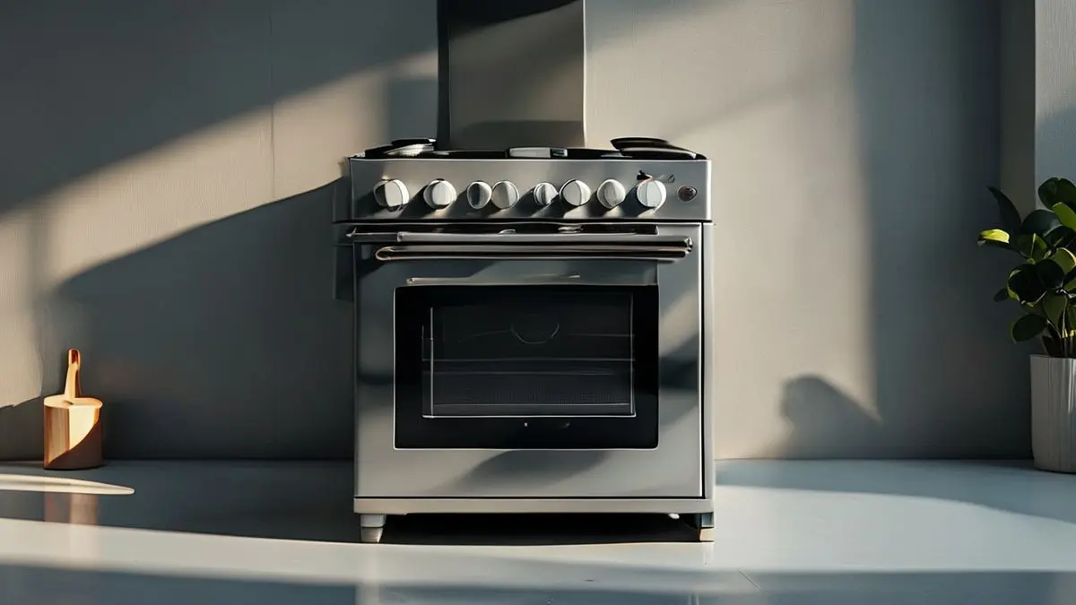 Fogão e forno moderno limpo e brilhante em iluminação de estúdio, mostrando detalhes de limpeza impecável.