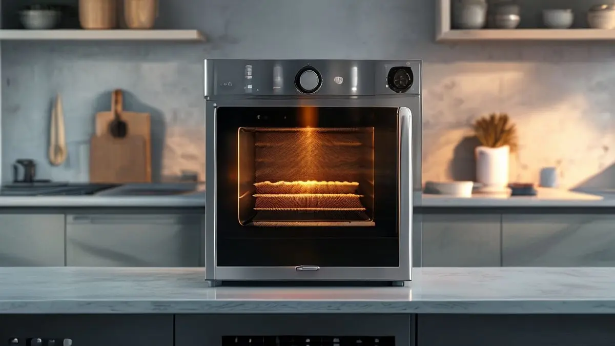 Forno elétrico moderno em destaque para guia de uso e funções, com detalhes da superfície e controles visíveis