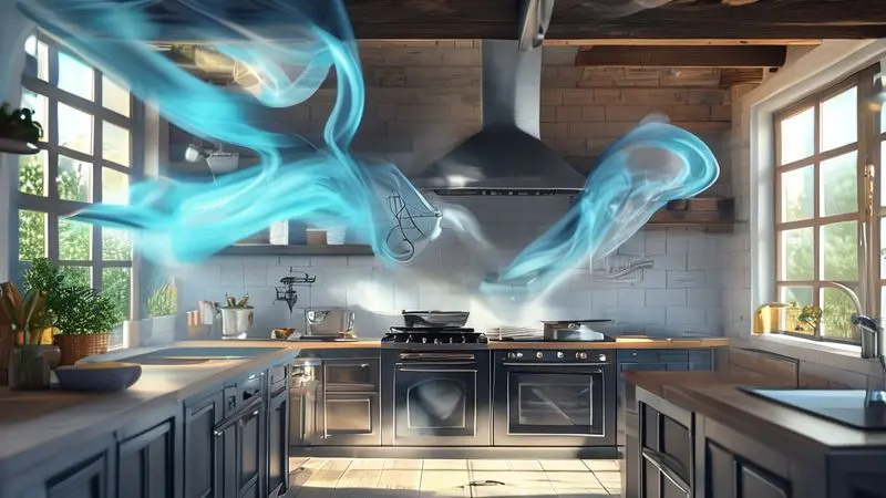 Ilustração conceitual mostrando fluxo de ar ideal entre fogão e depurador na altura correta.