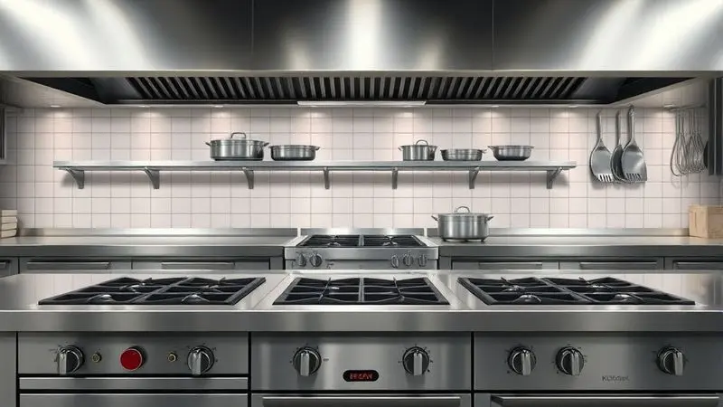 Ambiente de cozinha profissional com fogão de inox destacando durabilidade e aspecto industrial