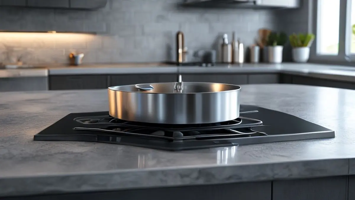 Cooktop de aço inoxidável instalado em bancada de cozinha moderna com composição simétrica e perfeita
