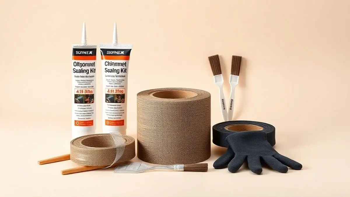Kit de vedação para chaminé de fogão a lenha com selante de alta temperatura e materiais profissionais em fundo neutro