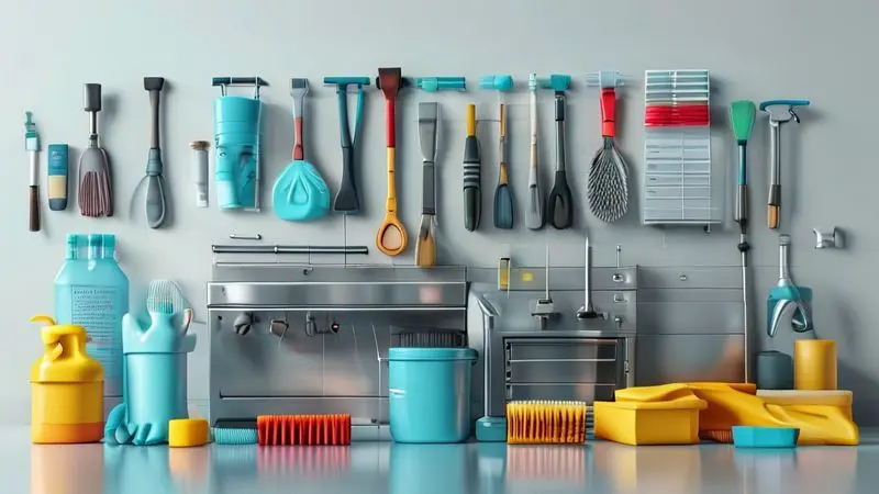 Materiais e produtos profissionais para limpeza de fogão industrial organizados em checklist