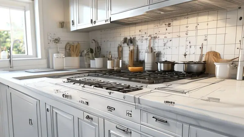 Render 3D conceitual de bancada com marcações de medidas para instalação de cooktop e distâncias de segurança