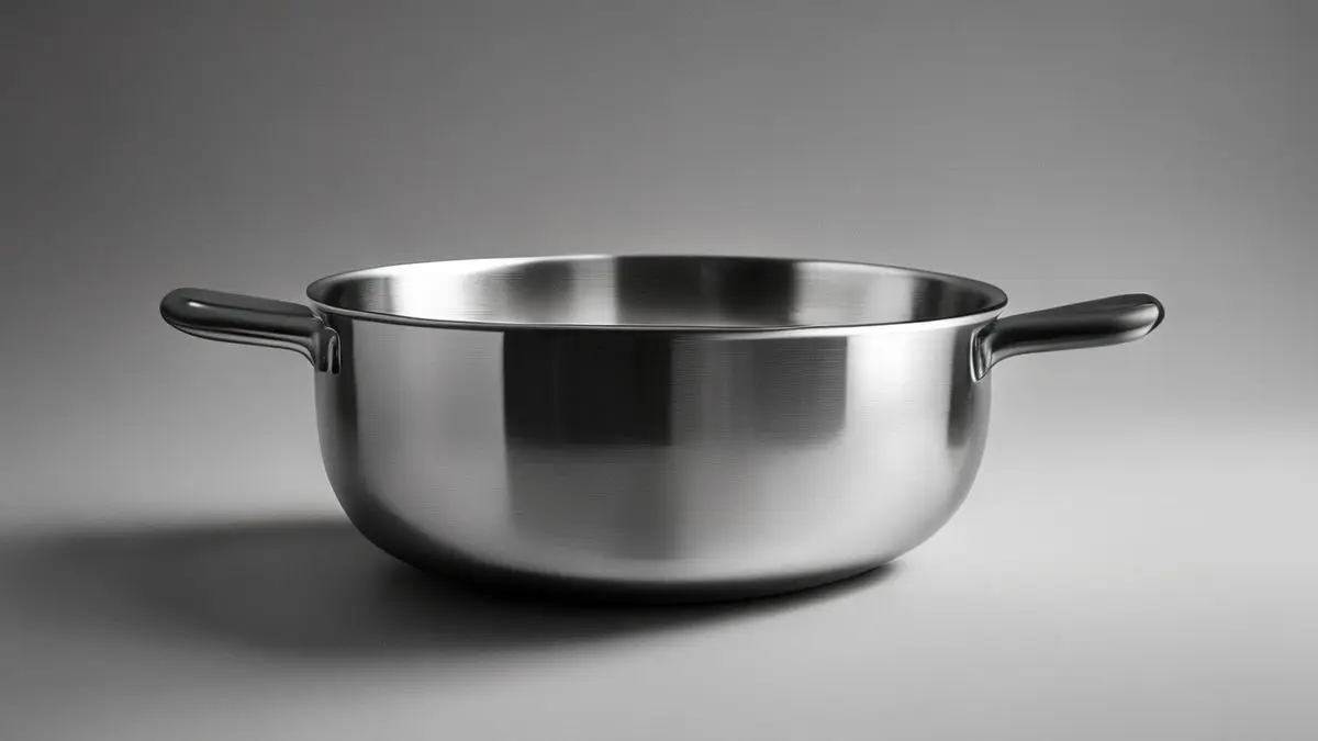 Panela de indução de aço inoxidável sem marca em fundo neutro, mostrando detalhes e texturas.