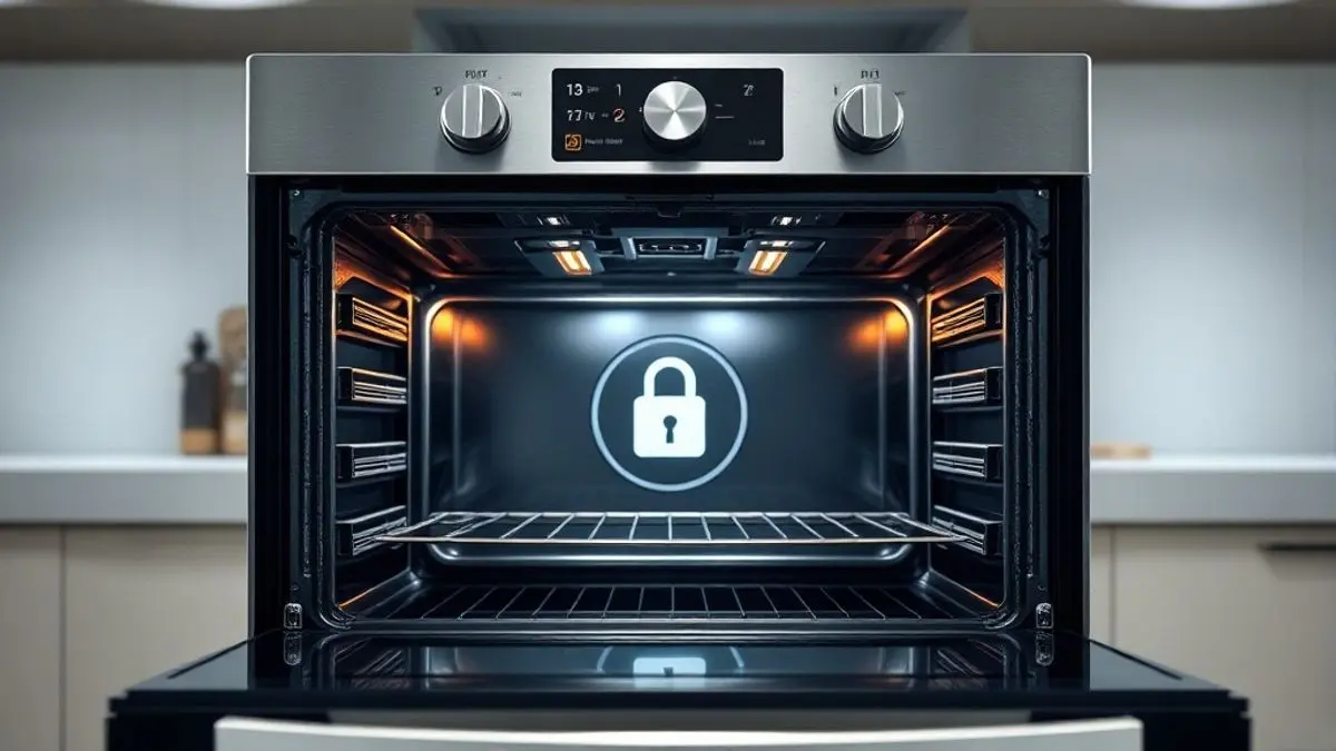 Painel de controle de forno moderno exibindo símbolo de trava digital de segurança em ambiente de cozinha profissional