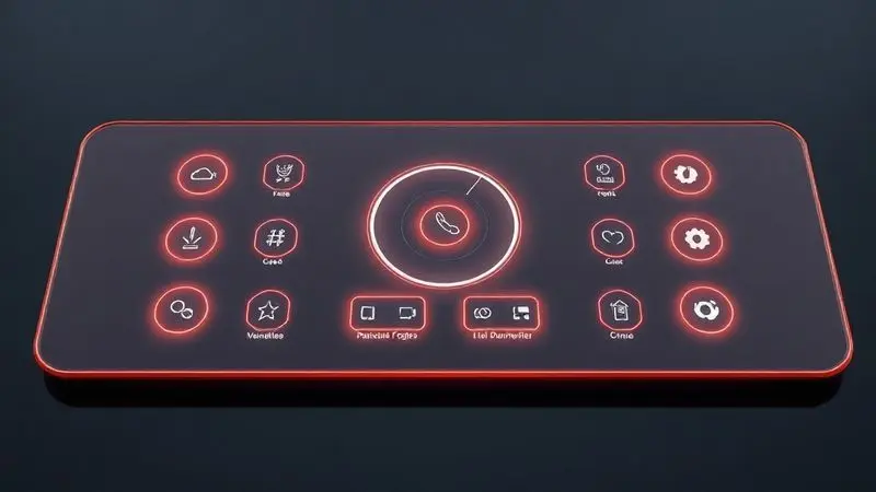 Painel de controle touch para cooktop de indução com botões luminosos e ícones conceituais.