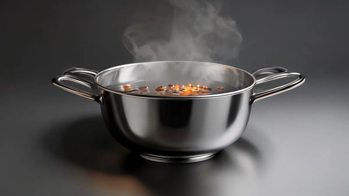 Panela de fondue com queimador em aço inoxidável, iluminada profissionalmente para mostrar detalhes e texturas do produto de cozinha.